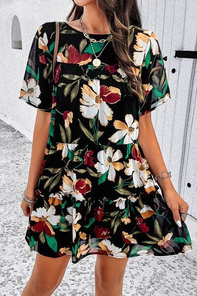 Floral Tiered Round Neck Mini Dress - Dresses