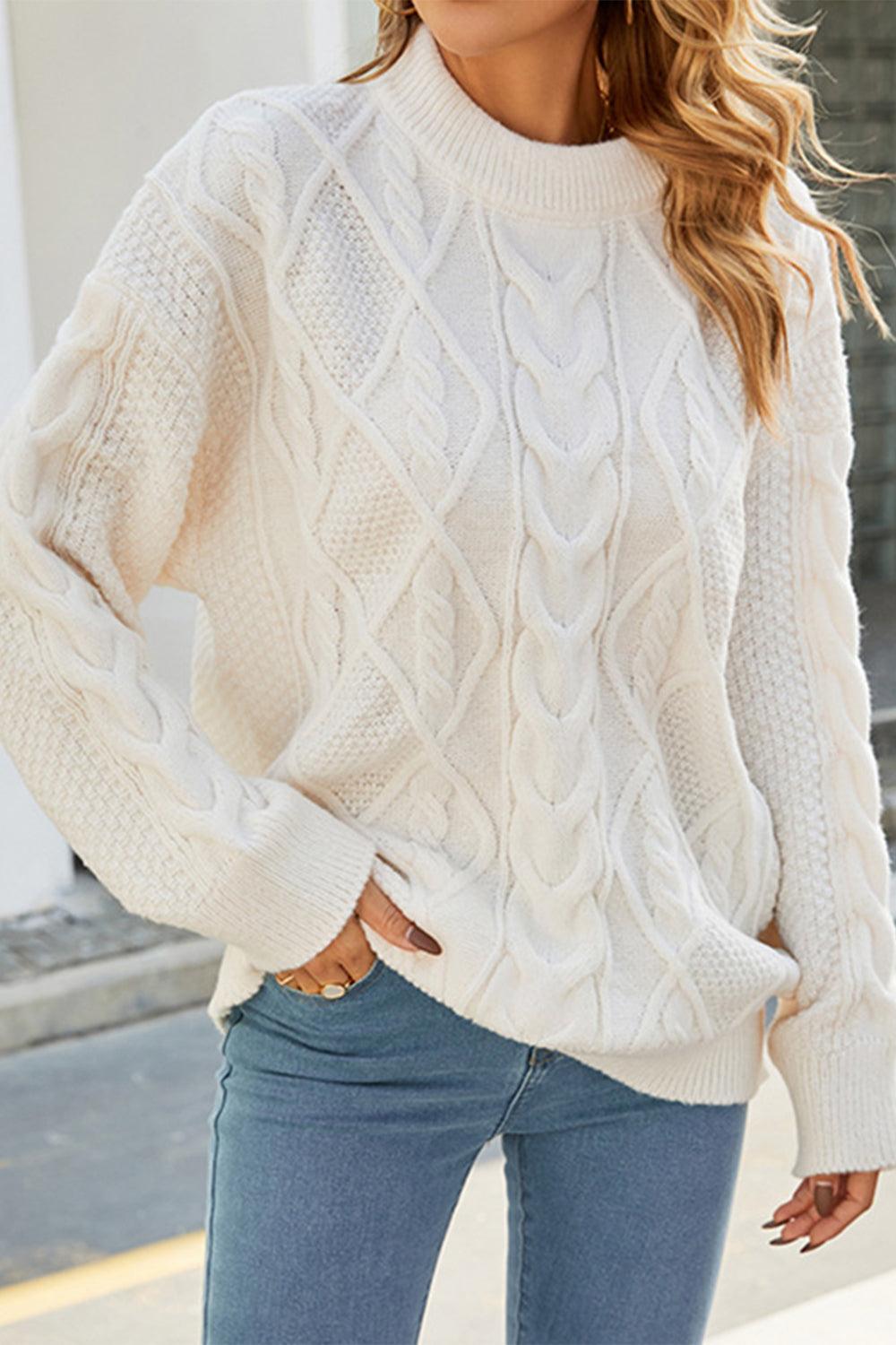 Cable-Knit Round Neck Long Sleeve Sweater - Sweater