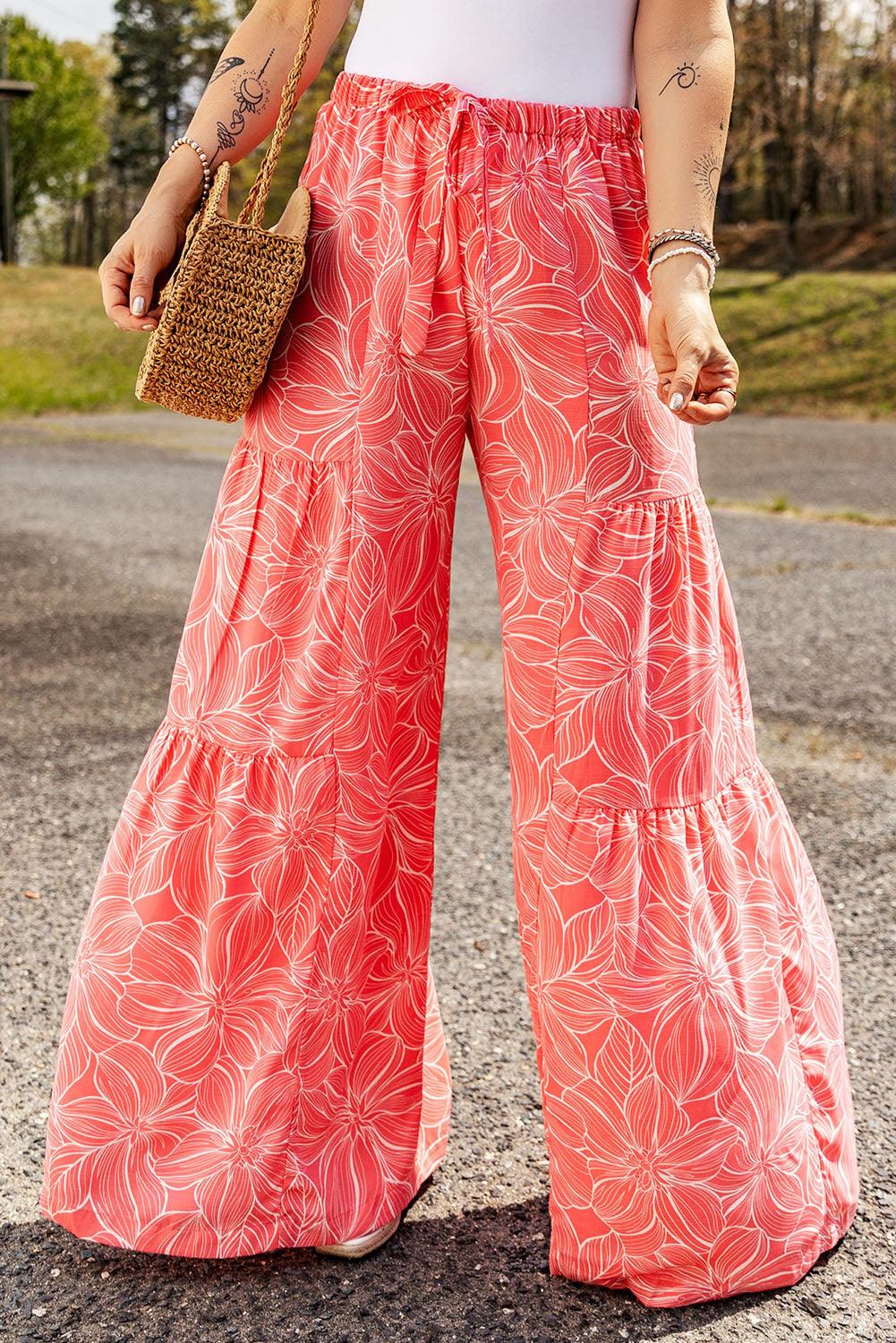 Floral Tiered Wide Leg High Waist Pants - Pant