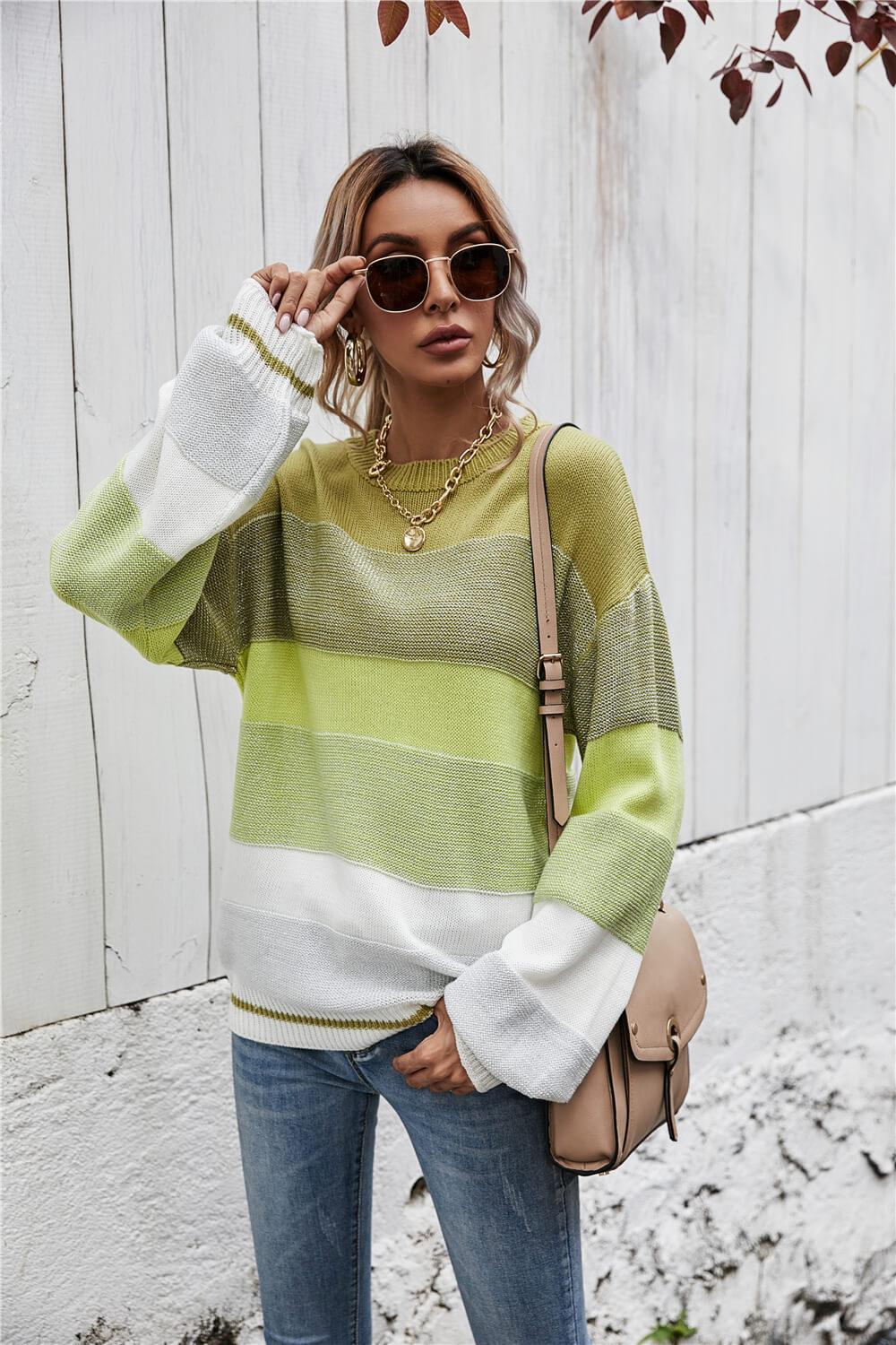 Striped Color Block Ribbed Trim Sweater - Sweater