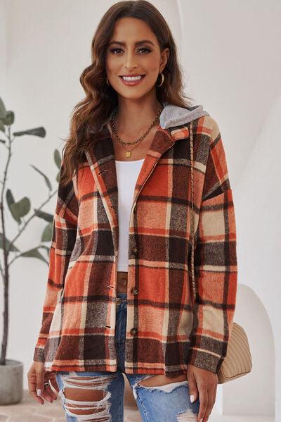 Button Up Plaid Hooded Shacket - Jacket