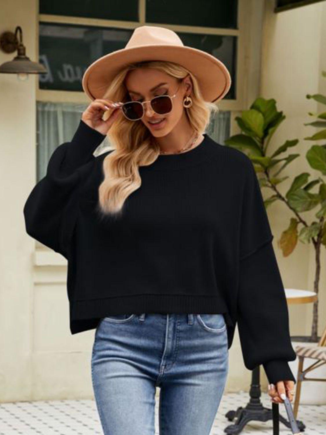 Round Neck Dropped Shoulder Cropped Sweater - Sweater