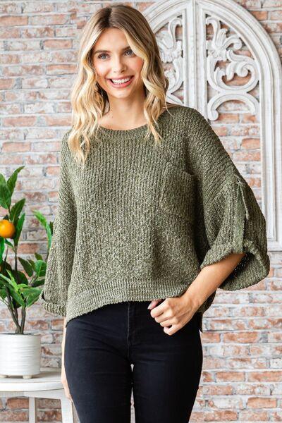 Veveret Round Neck Roll-Up Sweater - Sweater