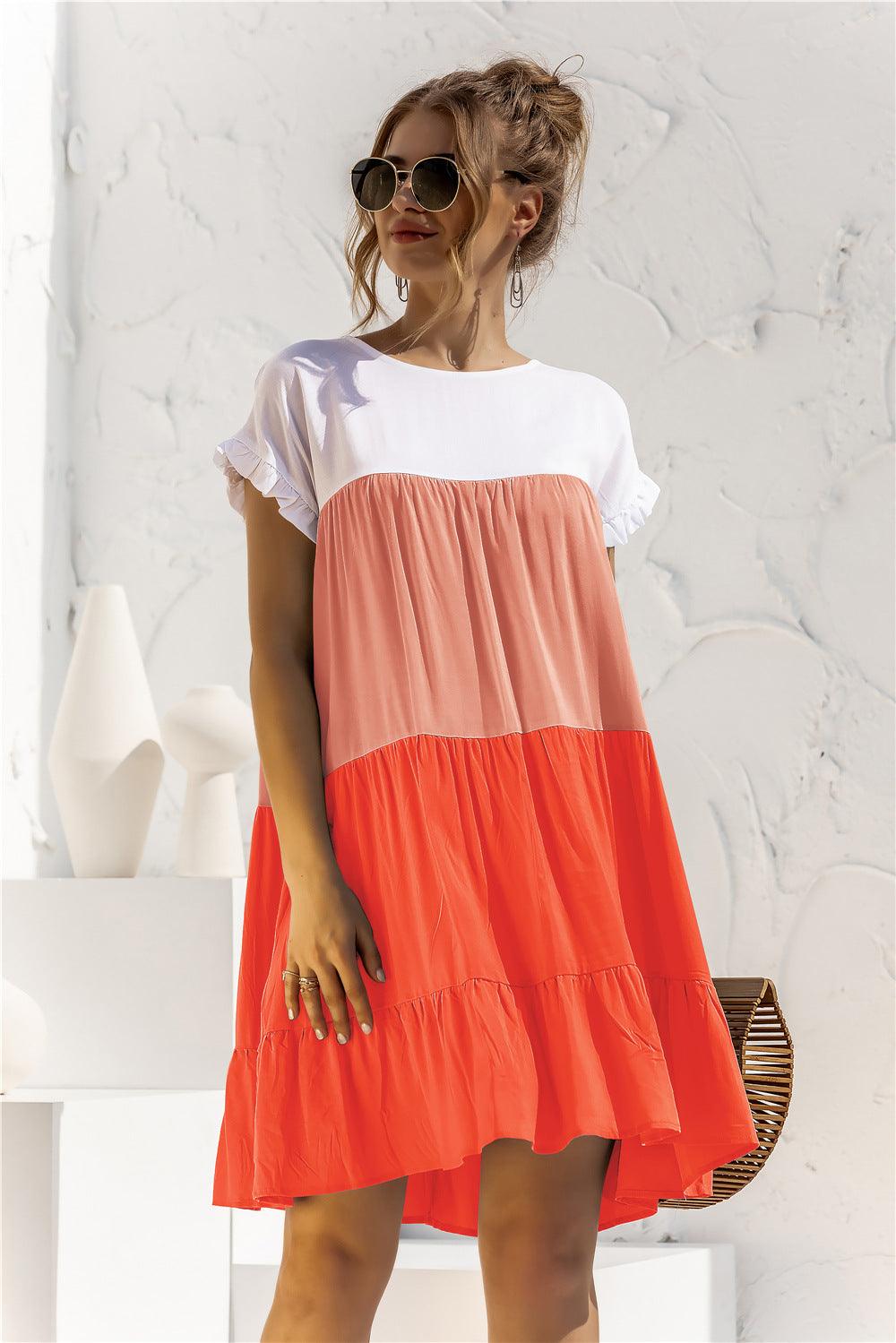 Color Block Round Neck Ruffle Hem Tiered Short Dress - Dresses