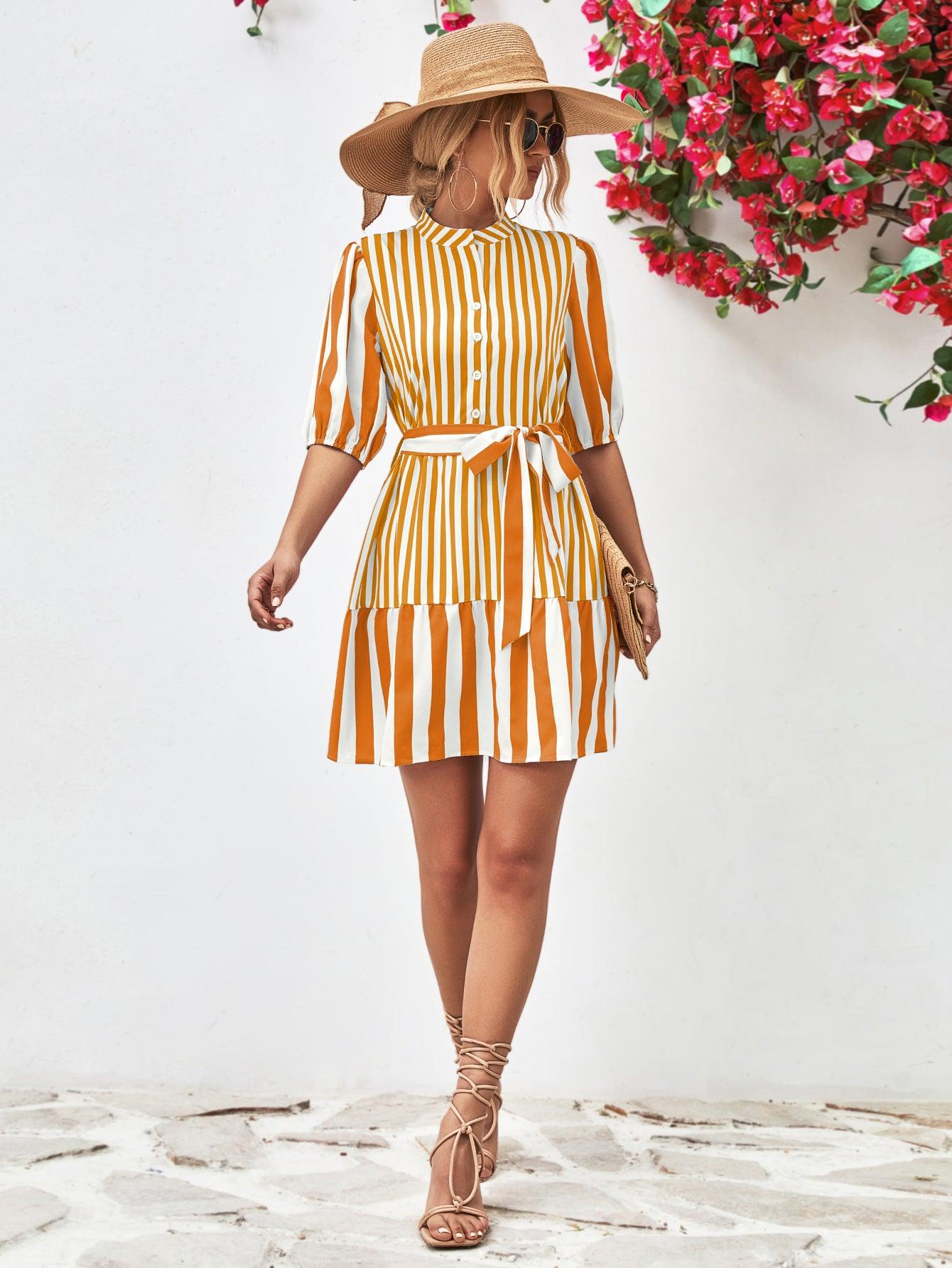 Striped Half Sleeve Tie Waist Mini Dress - Dresses