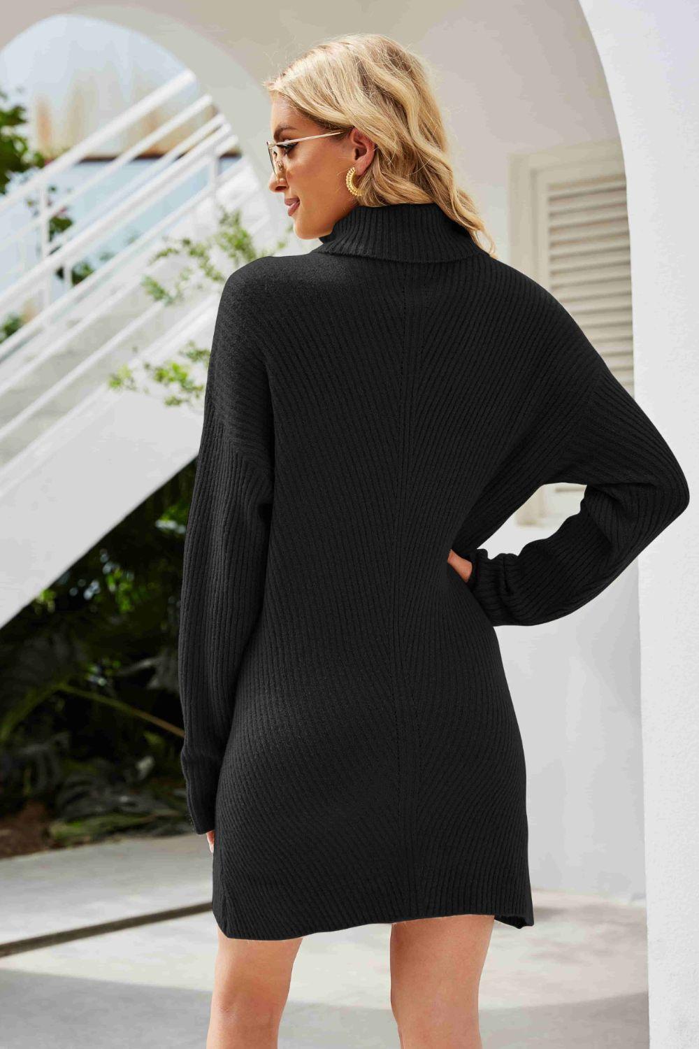 Double Take Rib-Knit Turtleneck Drop Shoulder Sweater Dress - Dresses