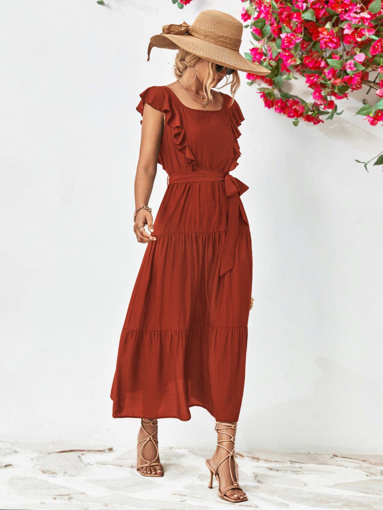 Tie Belt Ruffled Tiered Midi Dress - Dresses