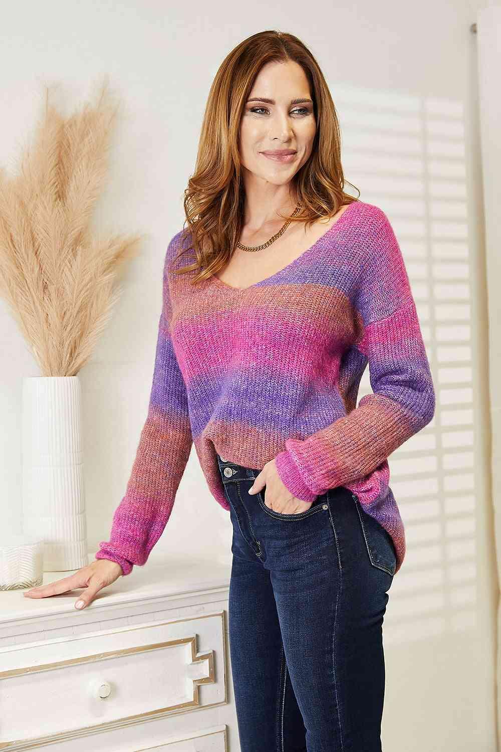 Multicolored Rib-Knit V-Neck Knit Top - Top