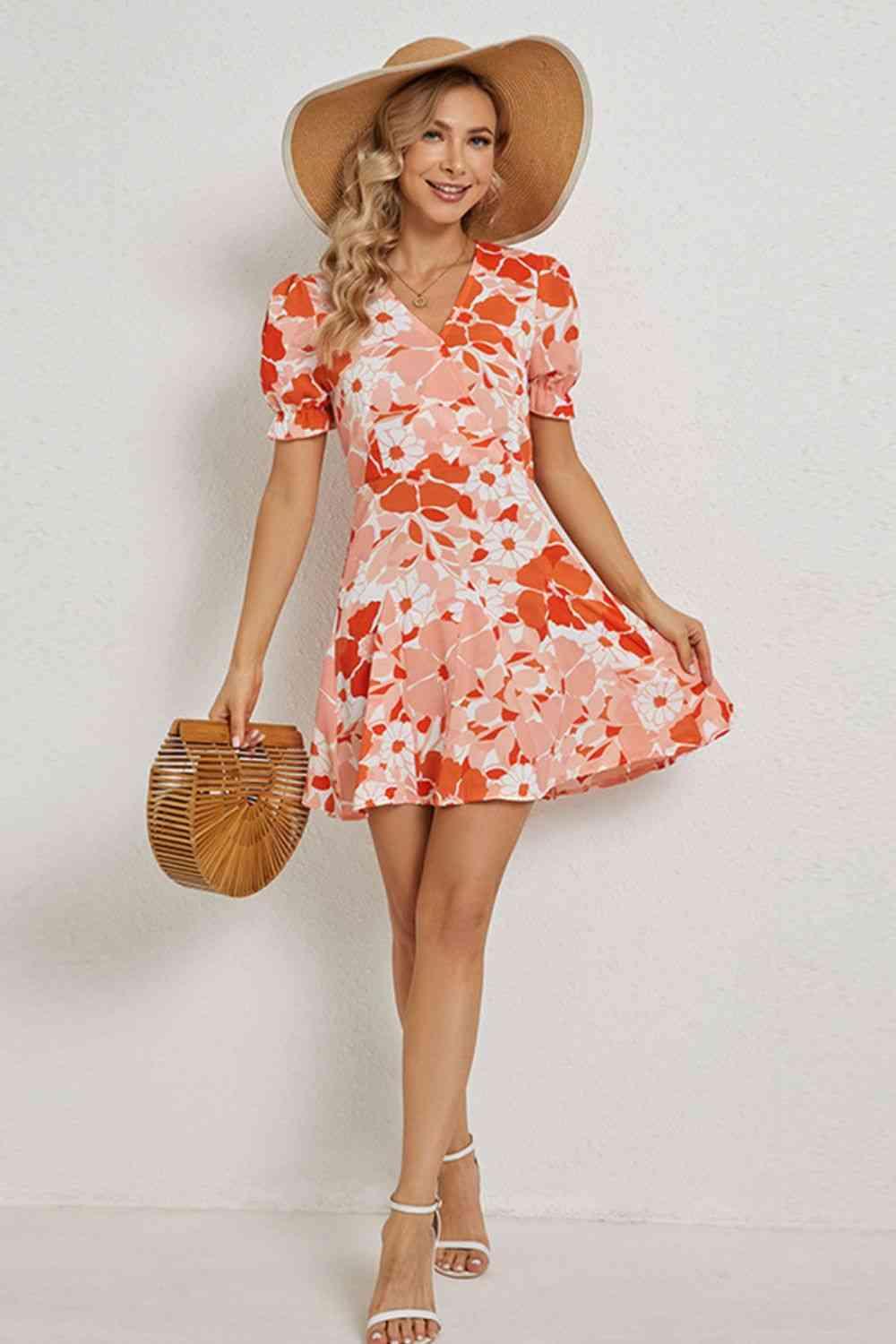 Floral Surplice Neck Flounce Sleeve Mini Dress - Dresses