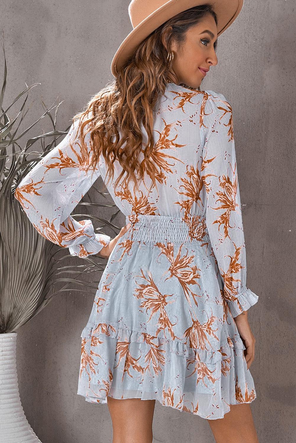 Floral Deep V-Neck Flounce Long Sleeve Tiered Mini Dress - Dresses