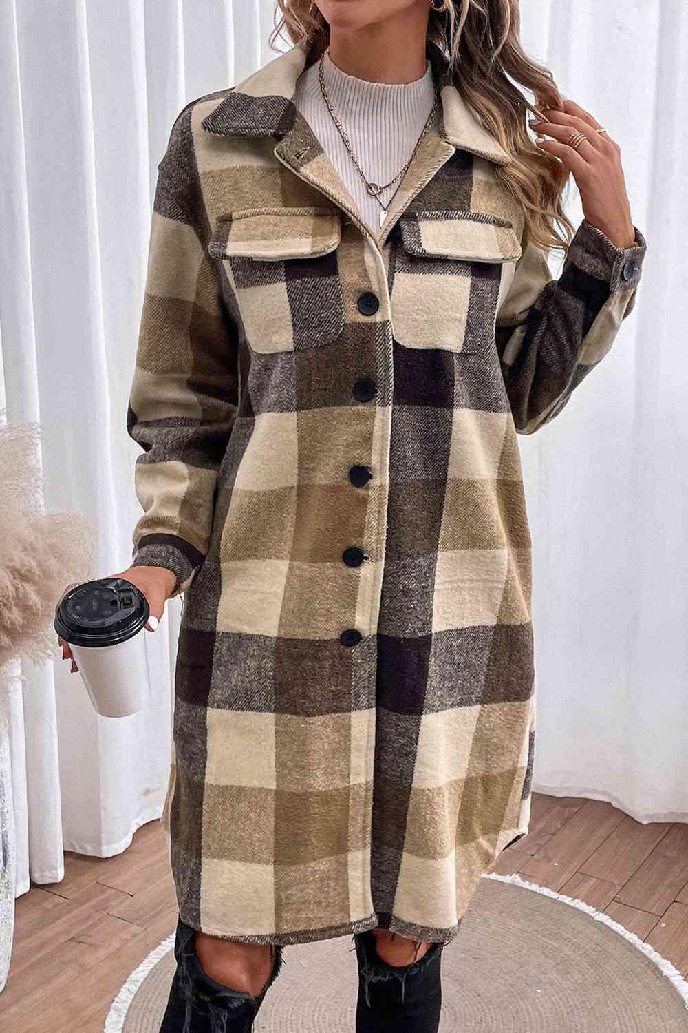 Plaid Button Down Longline Coat - Coat