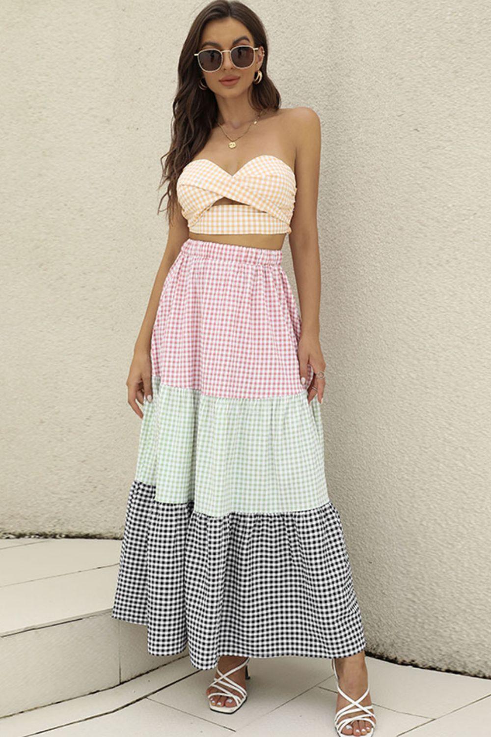 Plaid Strapless Top and Tiered Maxi Skirt Set - Skirt & Top