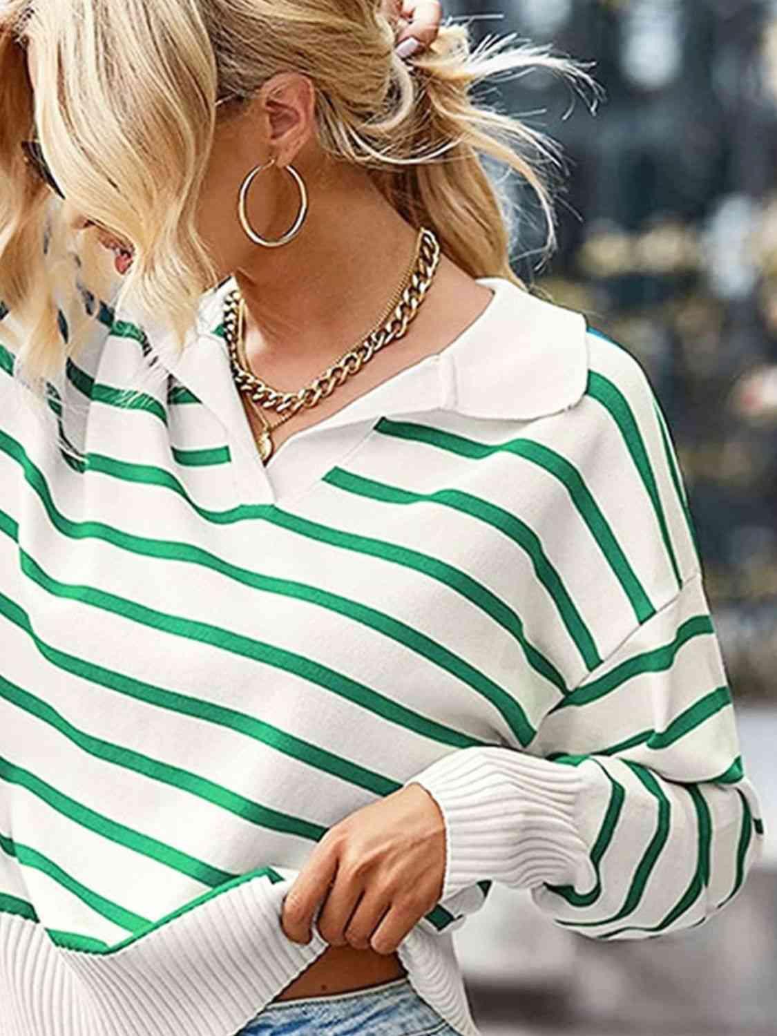 Striped Collared Neck Knit Top - Top