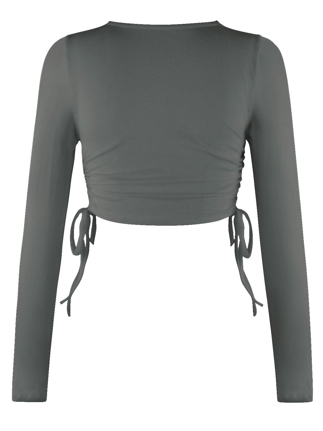 Cropped Drawstring Round Neck Long Sleeve Top - Top