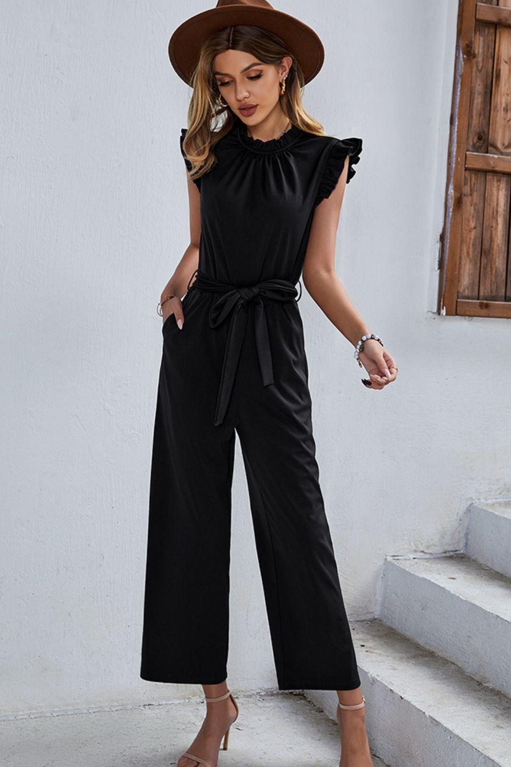 Butterfly Sleeve Tie Waist Jumpsuit - Jumpsuit