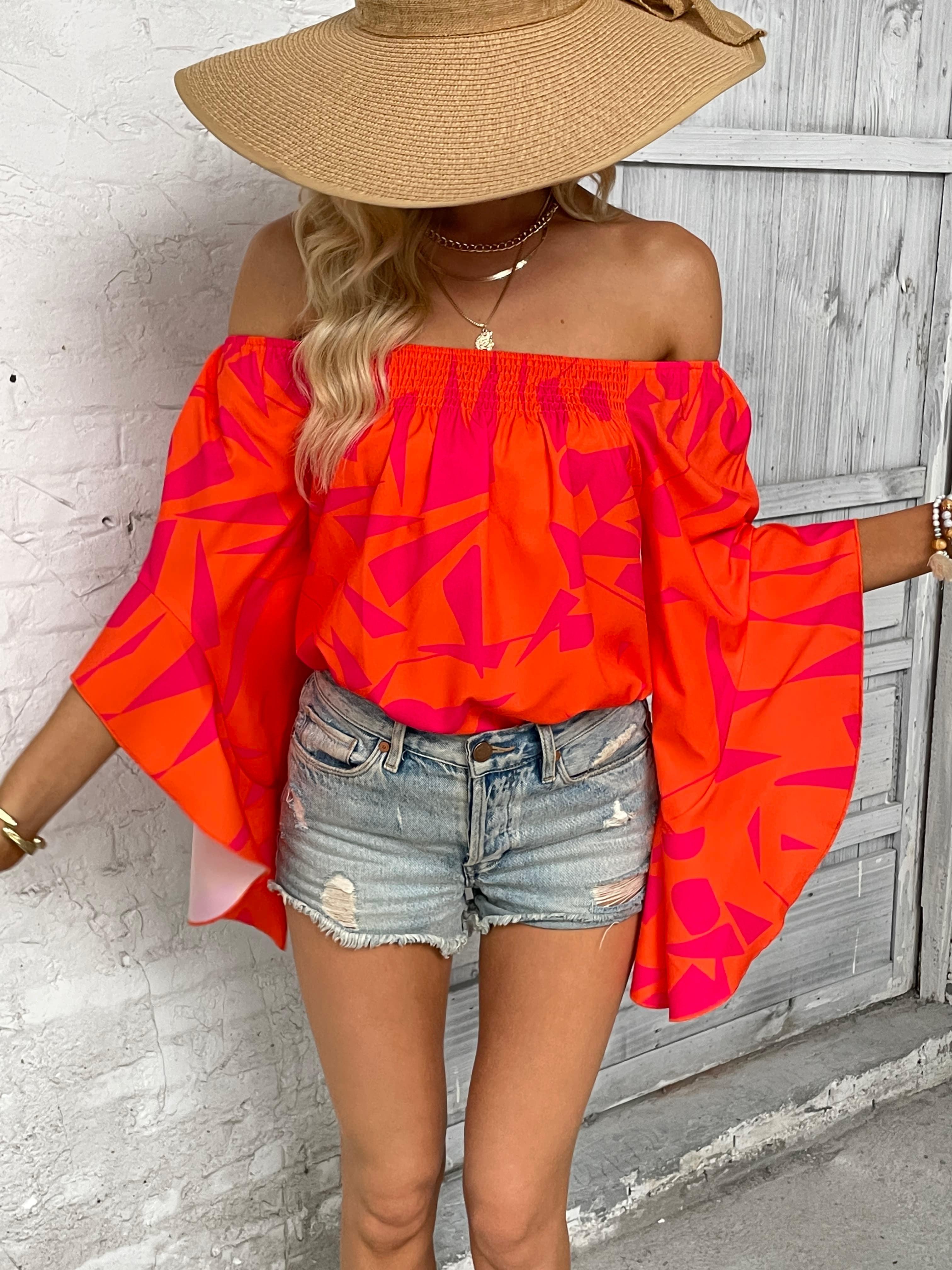 Geometric Off-Shoulder 3/4 Flounce Sleeve Smocked Blouse - Blouse