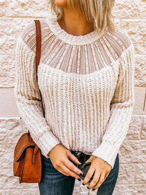 Round Neck Rib-Knit Pullover Sweater - Sweater