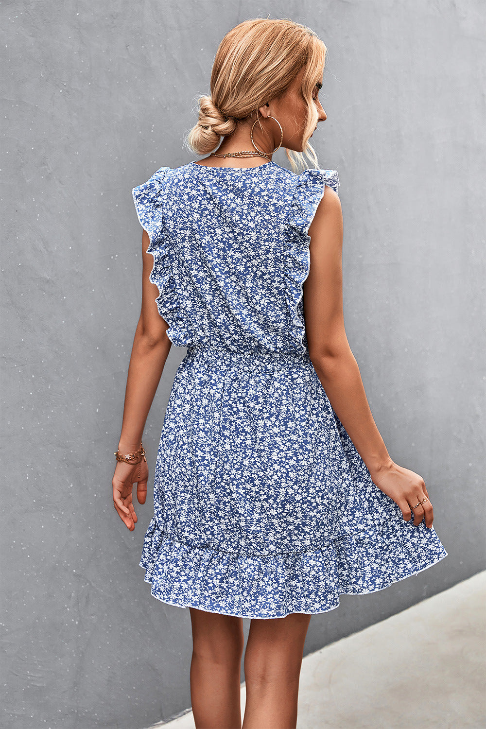 Ditsy Floral Ruffled V-Neck Mini Dress