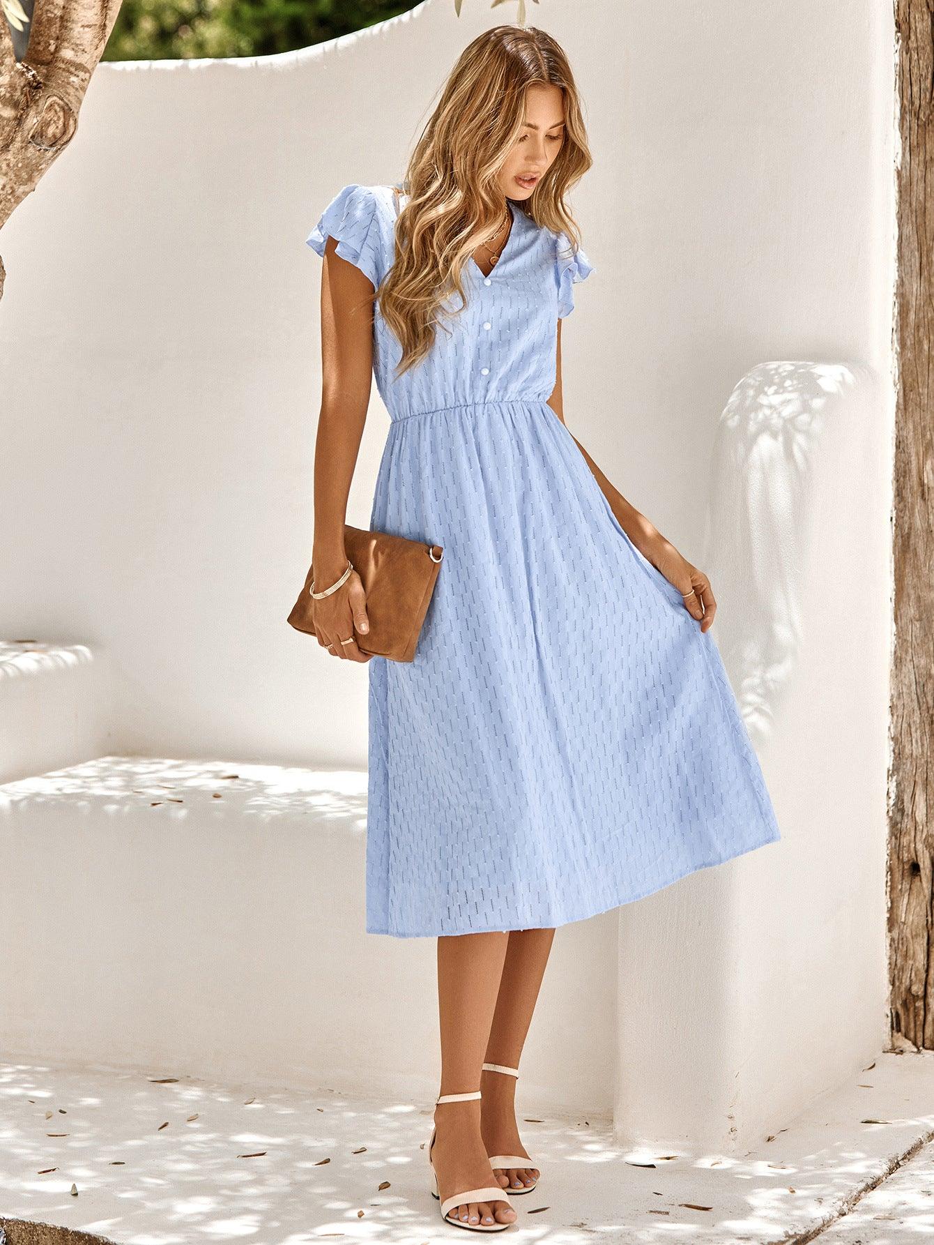 V-Neck Flutter Sleeve Midi Dress - Dresses