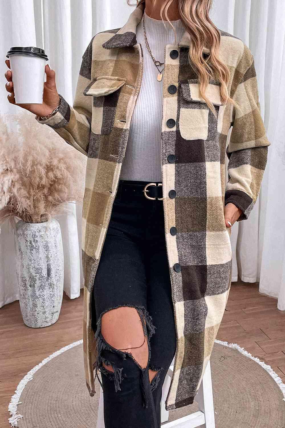 Plaid Button Down Longline Coat - Coat