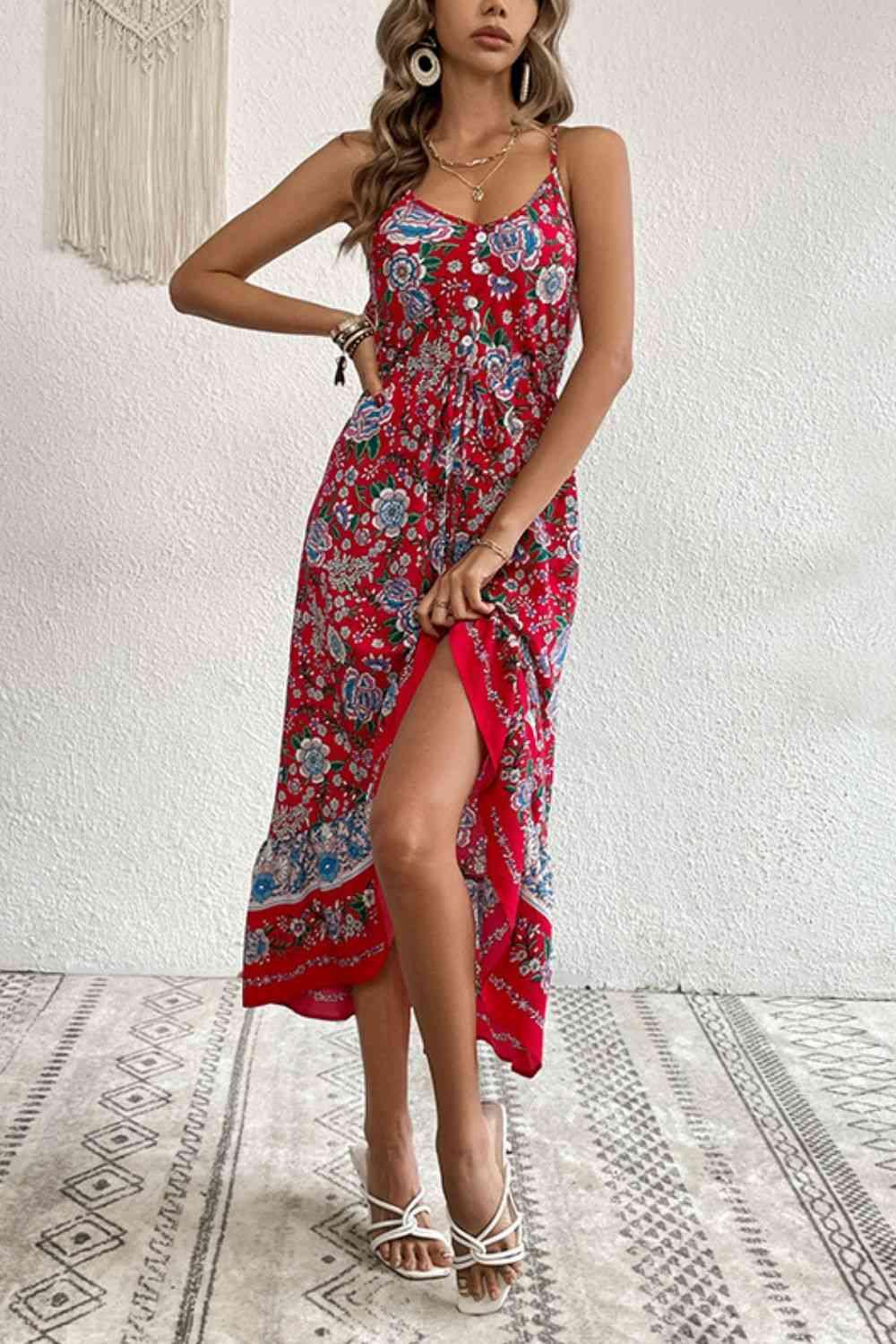 Bohemian Decorative Button Spaghetti Strap Dress - Dresses