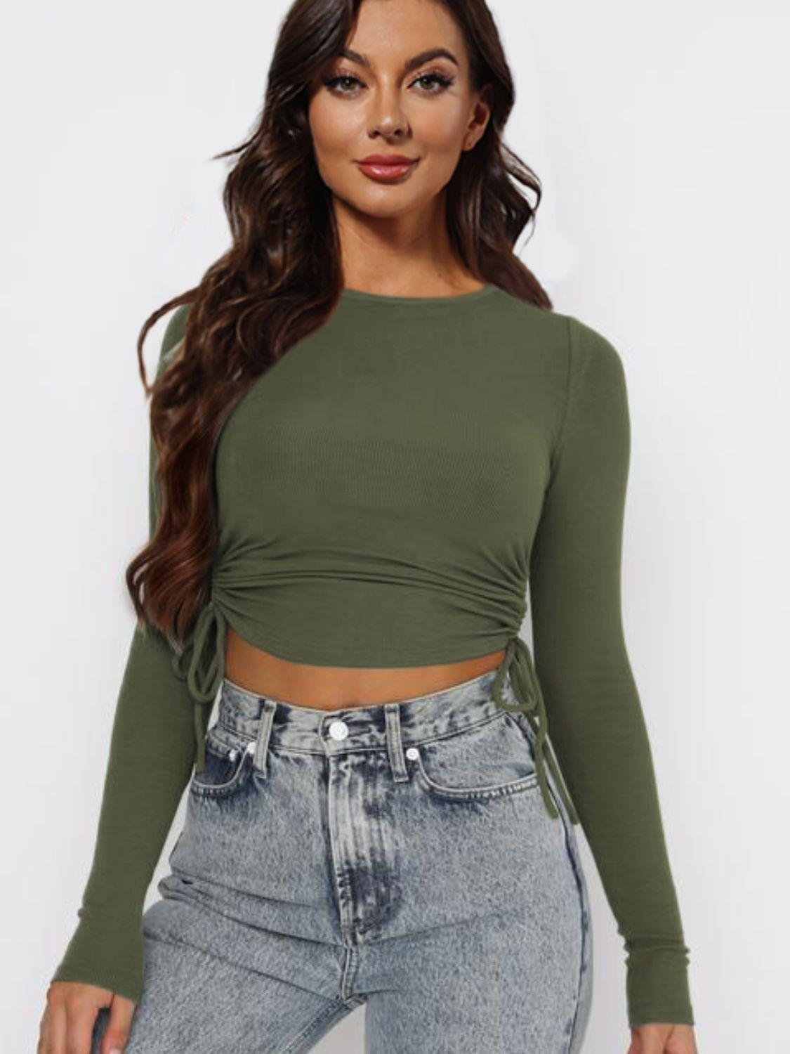 Cropped Drawstring Round Neck Long Sleeve Top - Top