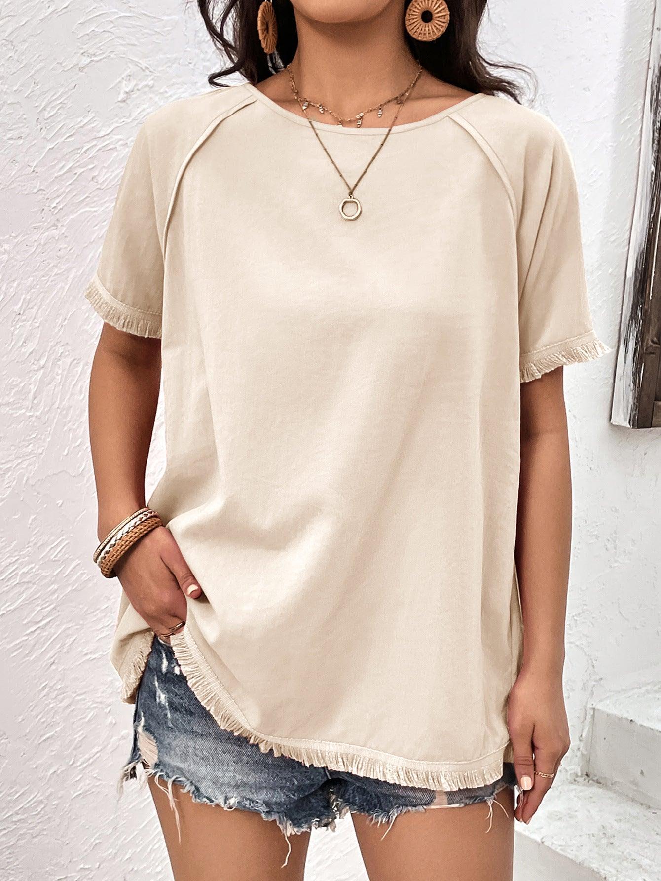 Round Neck Raglan Sleeve Fringe Detail Top - Top