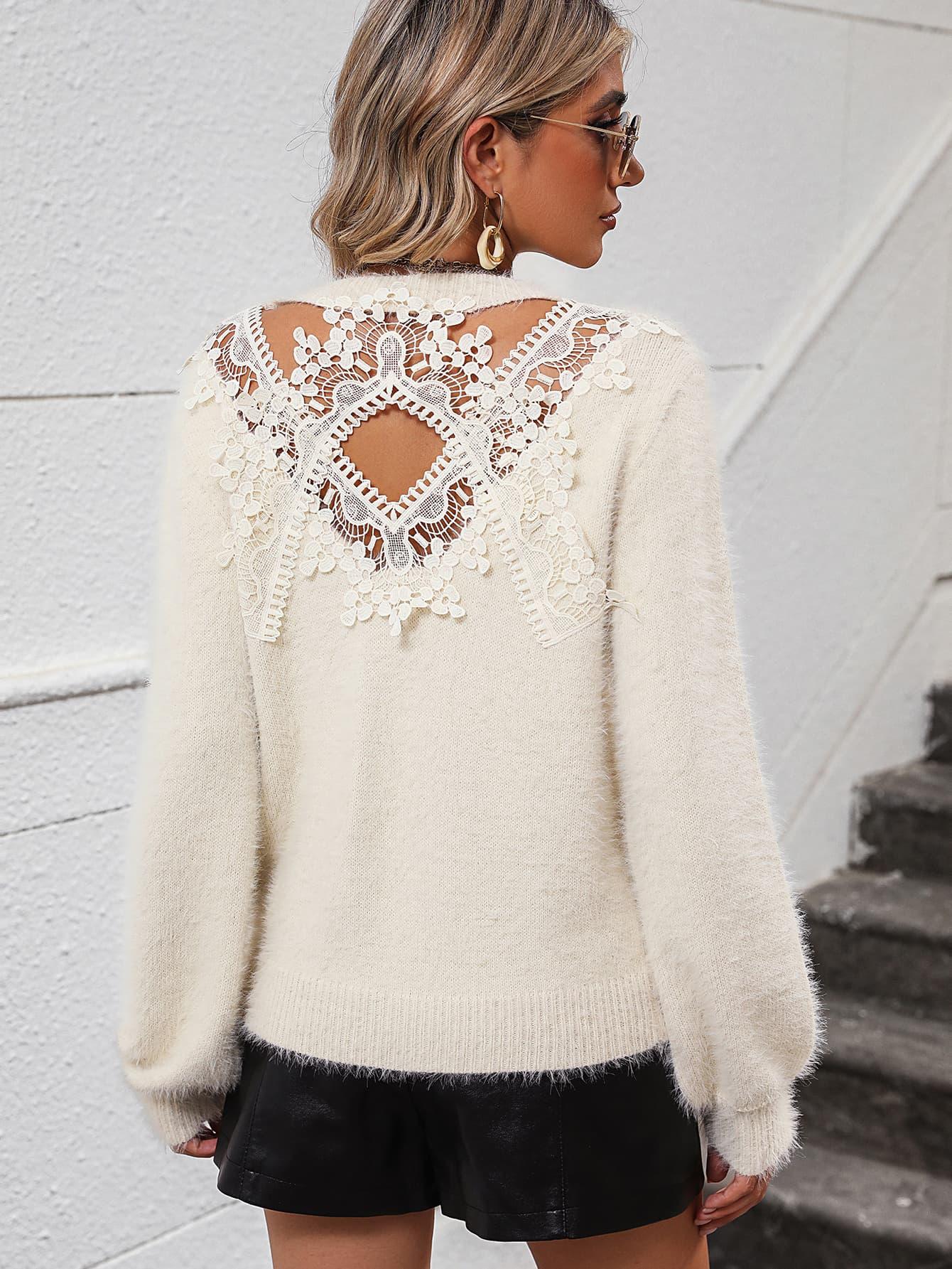 Lace Detail Cutout Long Sleeve Plush Sweater - Sweater