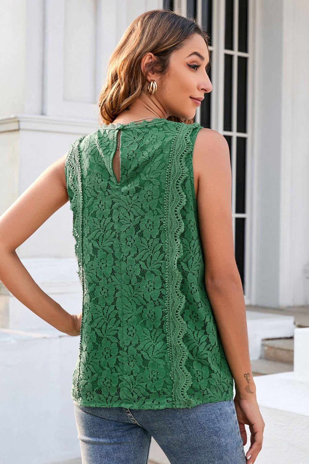 Lace V-Neck Lined Sleeveless Tank Top - Tank