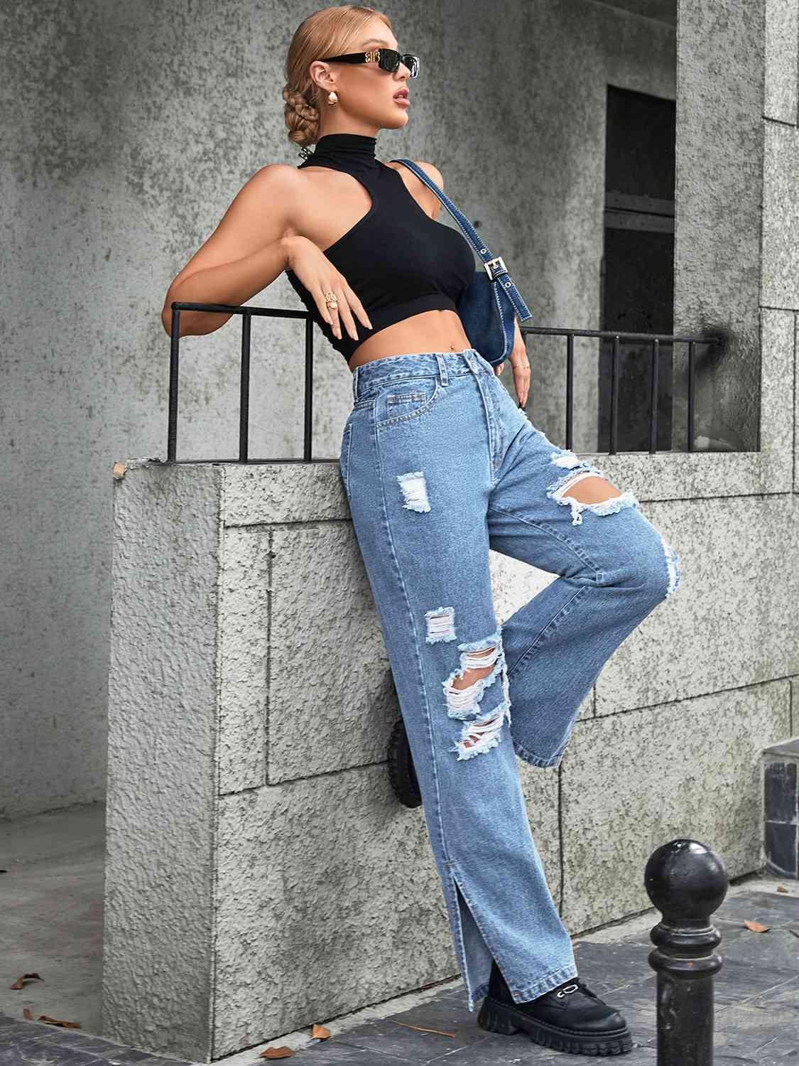 Distressed Slit High Rise Straight Leg Jeans - Jeans