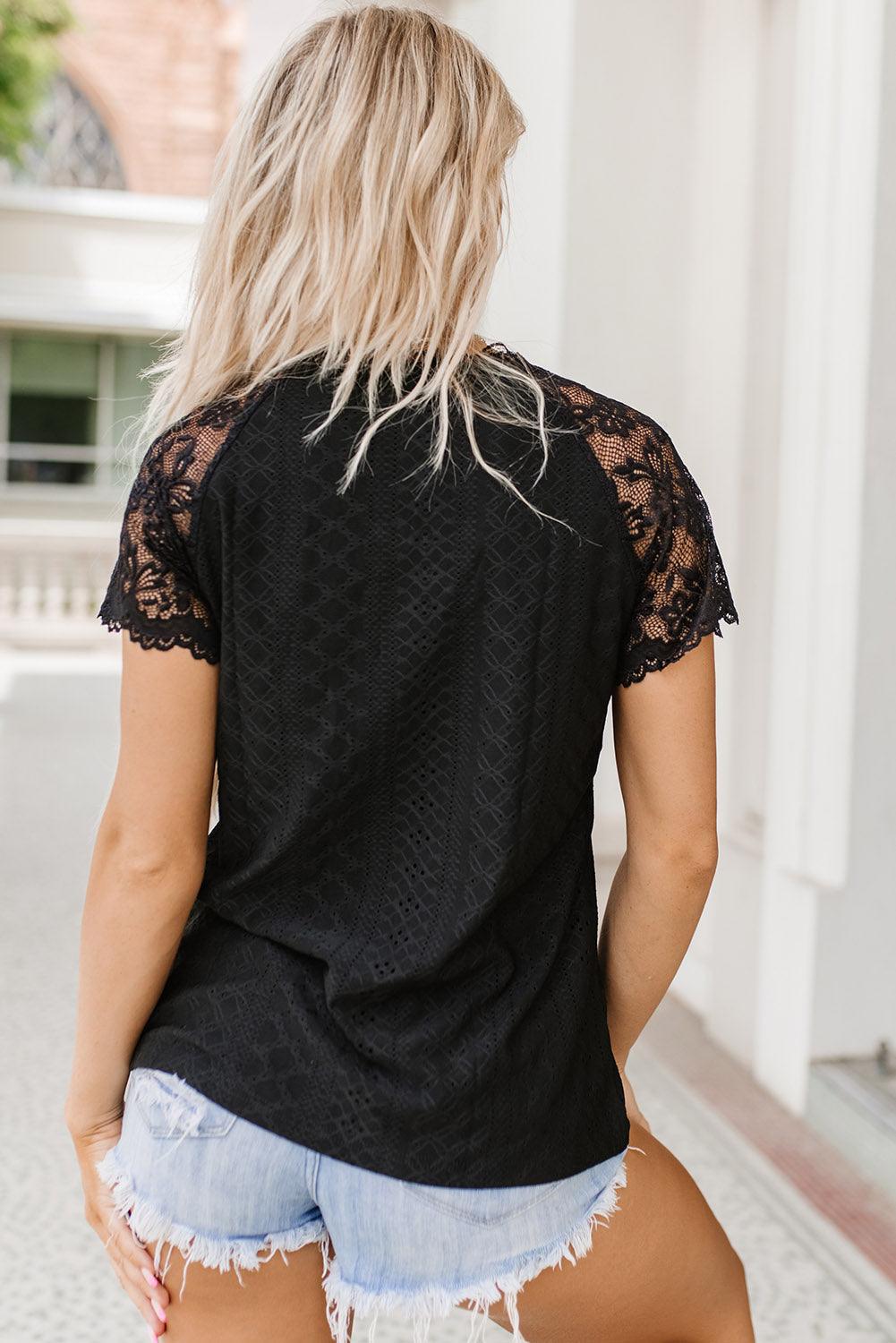 V-Neck Short Sleeve Lace Trim Top - Top