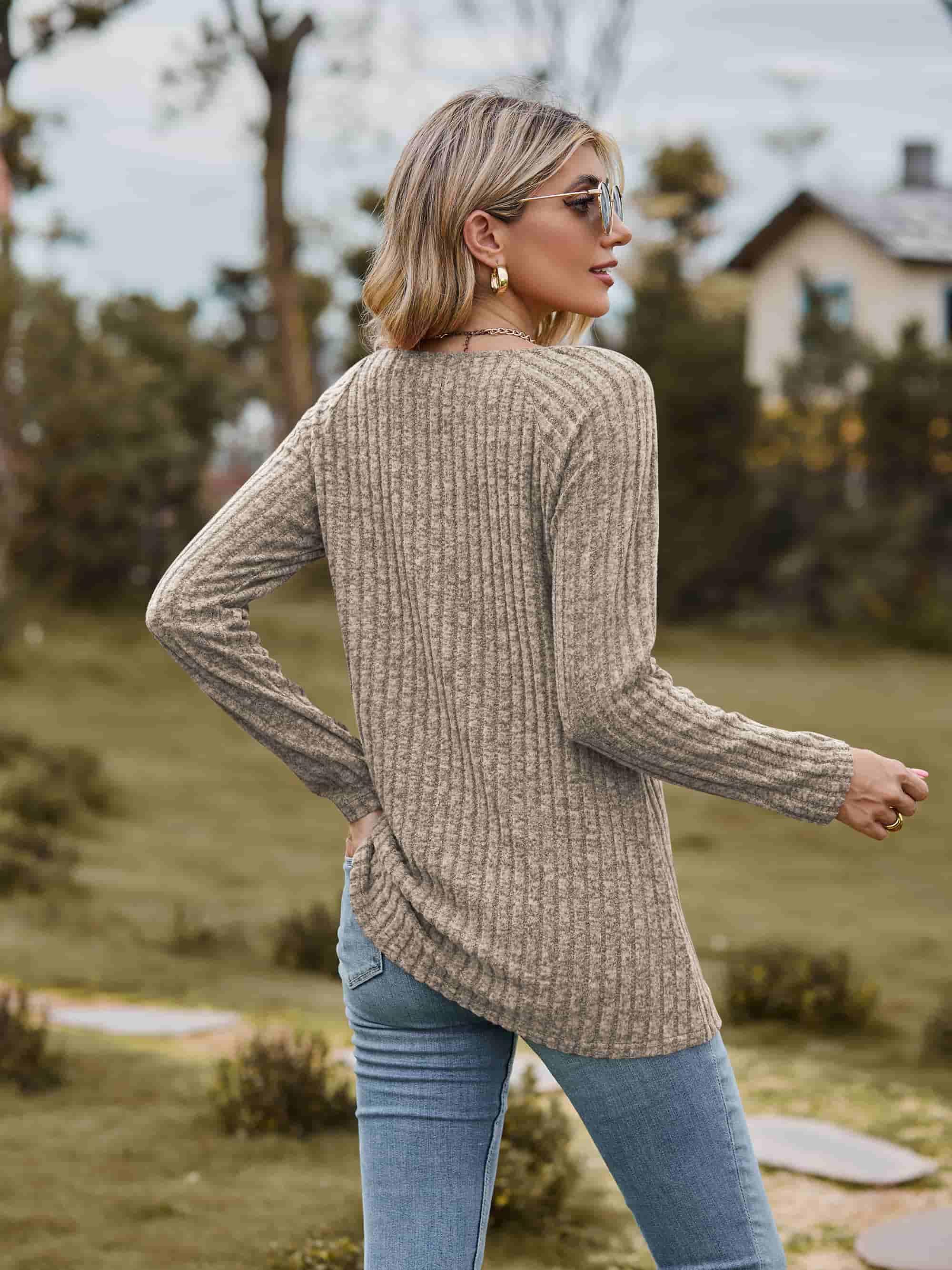 Ribbed Square Neck Long Sleeve Top - Top