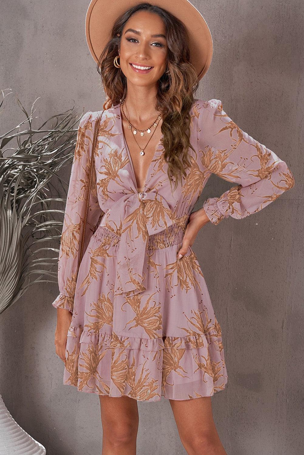 Floral Deep V-Neck Flounce Long Sleeve Tiered Mini Dress - Dresses