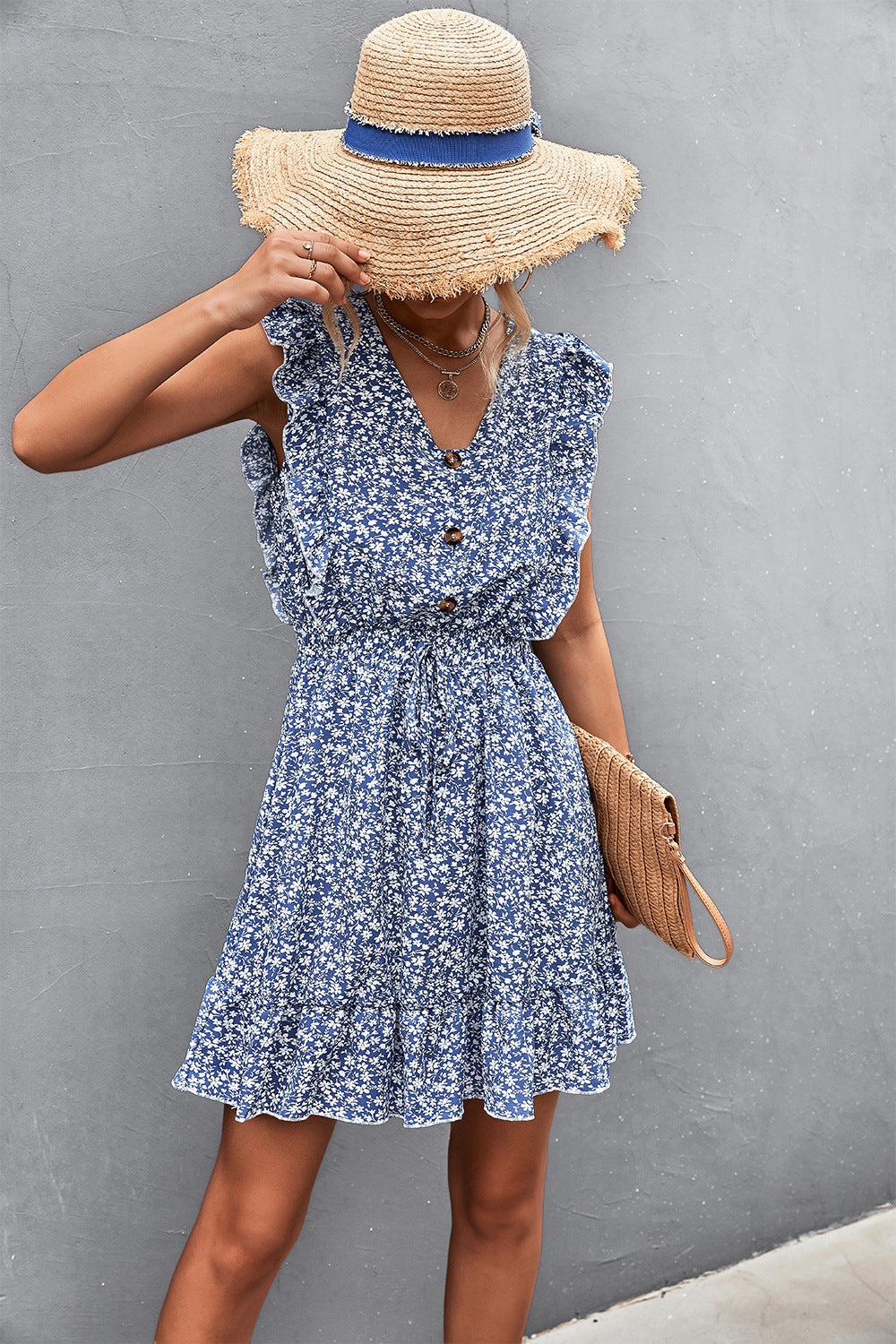 Ditsy Floral Ruffled V-Neck Mini Dress