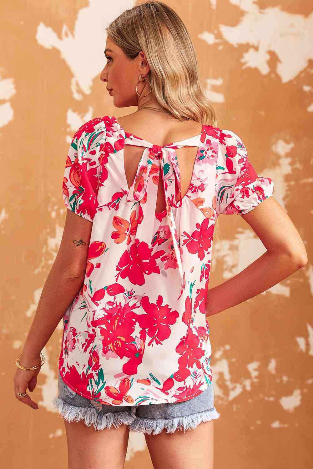 Floral Tie Back Square Neck Blouse - Blouse