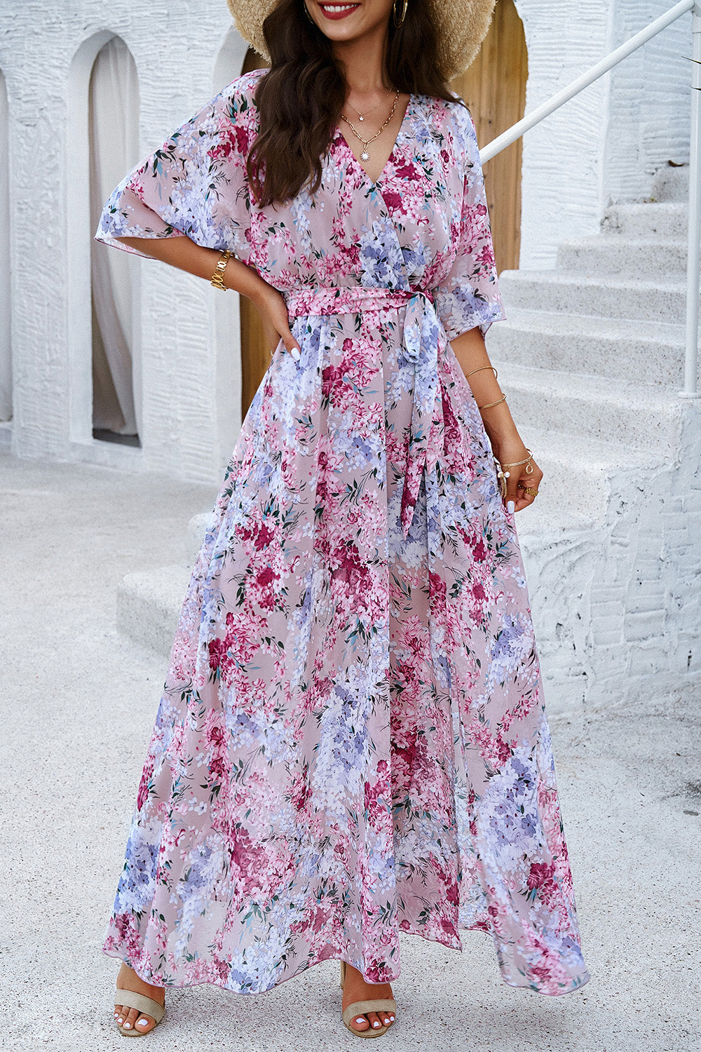 Printed Tied Half Sleeve Slit Maxi Dress