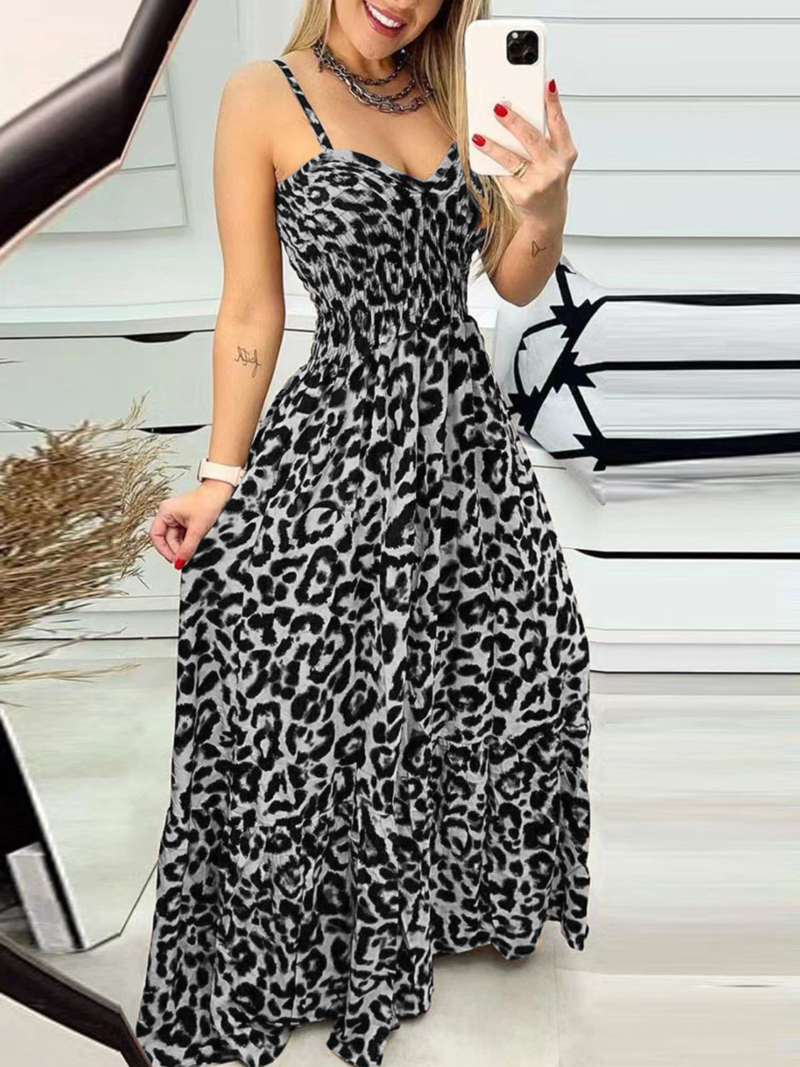 Leopard Sweetheart Neck Cami Maxi Dress