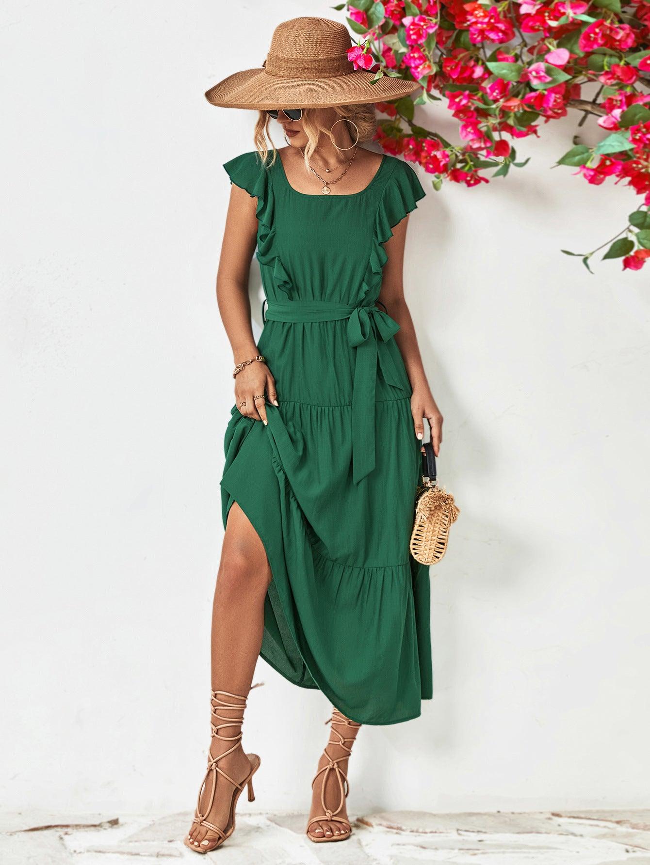 Tie Belt Ruffled Tiered Midi Dress - Dresses