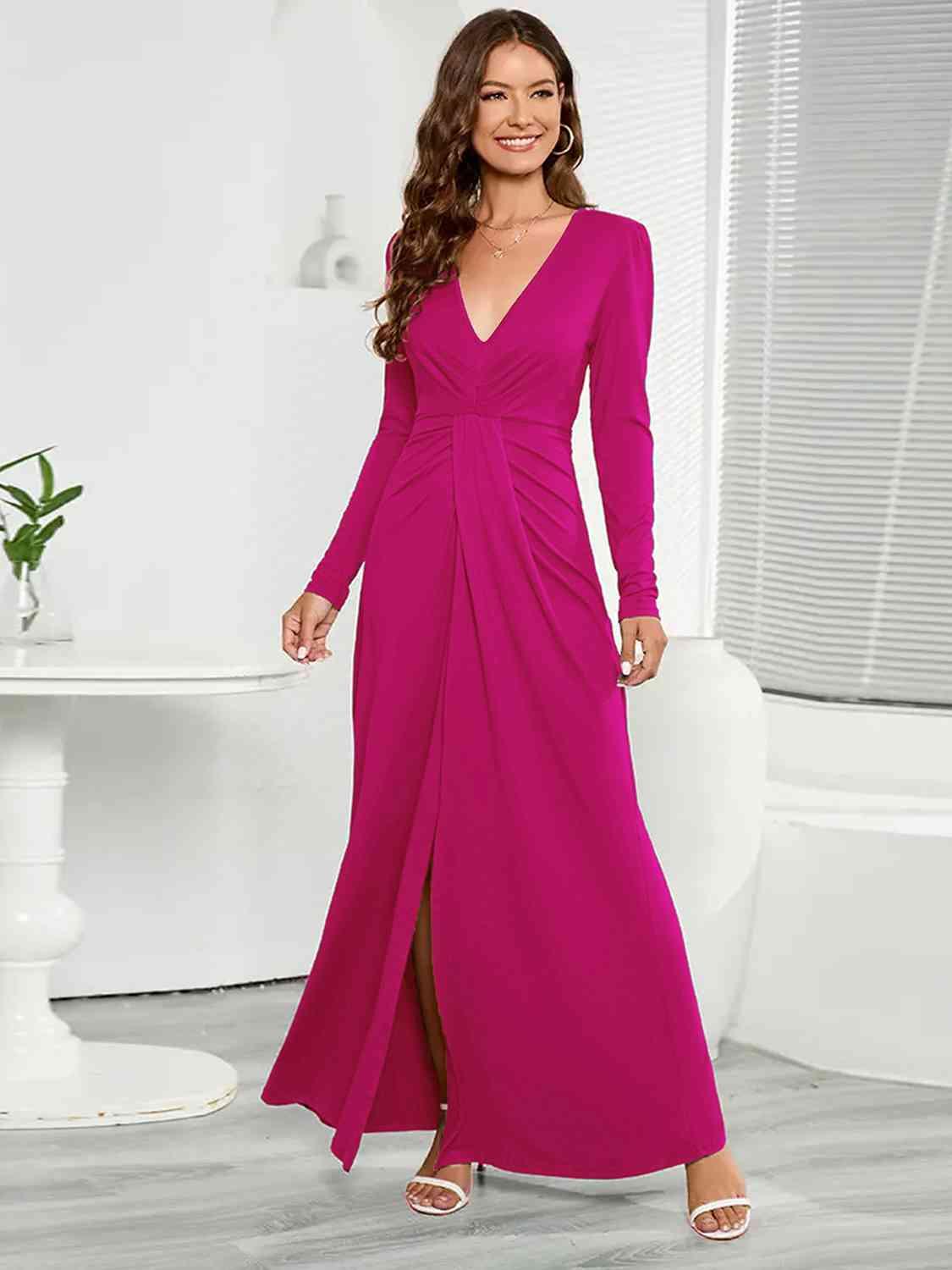 V-Neck Long Sleeve Split Dress - Dresses