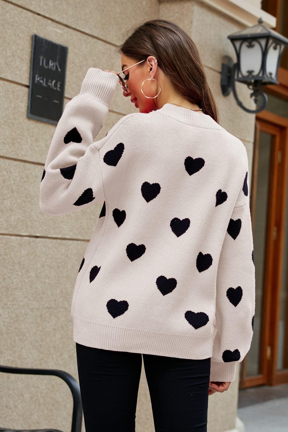 Woven Right Heart Pattern Lantern Sleeve Tunic Sweater - Sweater