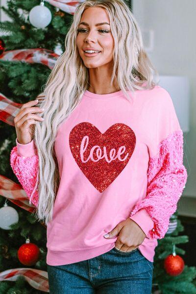 LOVE Heart Sequin Dropped Shoulder Sweatshirt - Sweatshirt