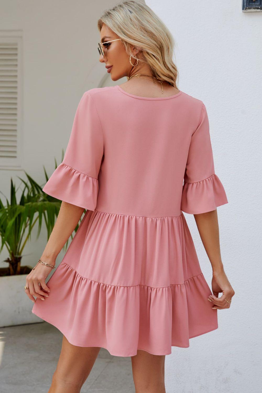 Tied Flounce Sleeve Tiered Mini Dress - Dresses