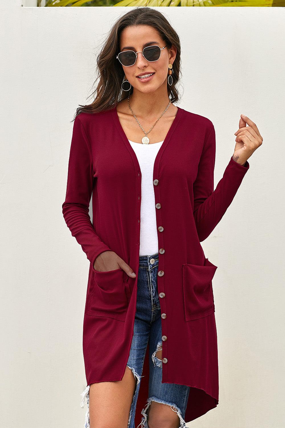 Buttoned V-Neck Long Sleeve Cardigan with Pockets - Cardigan