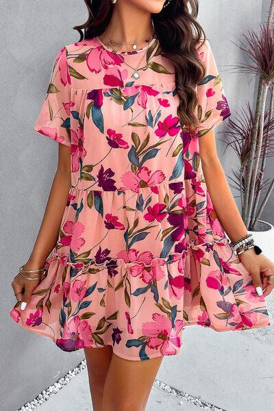 Floral Tiered Round Neck Mini Dress - Dresses