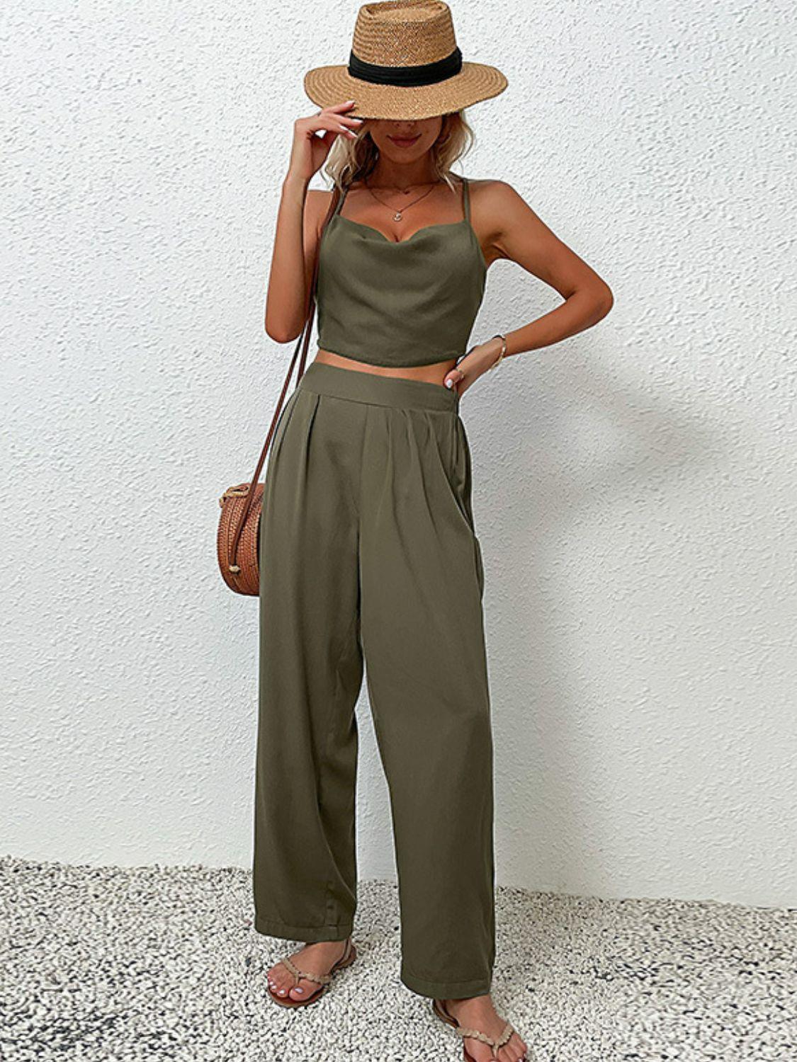 Crisscross Back Cropped Top and Pleated Pants Set - Pant & Top