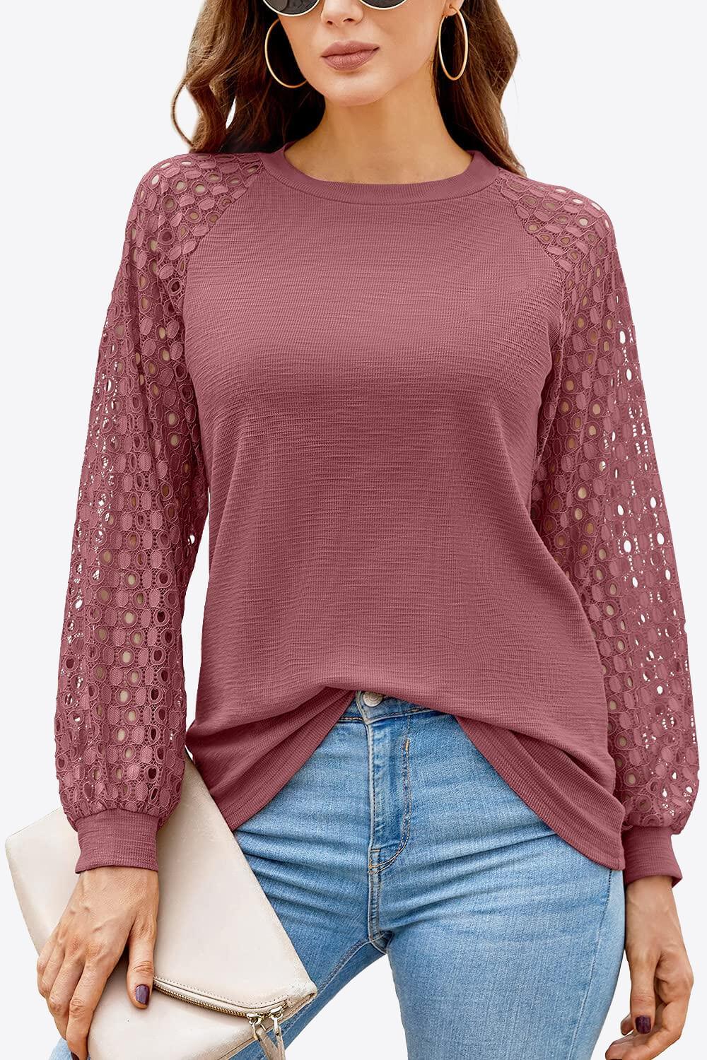 Eyelet Long Raglan Sleeve Round Neck Tee - Top