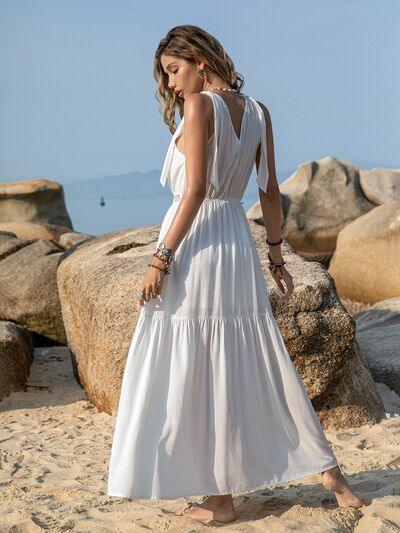 V-Neck Tie Shoulder Crochet Maxi Dress - Dresses