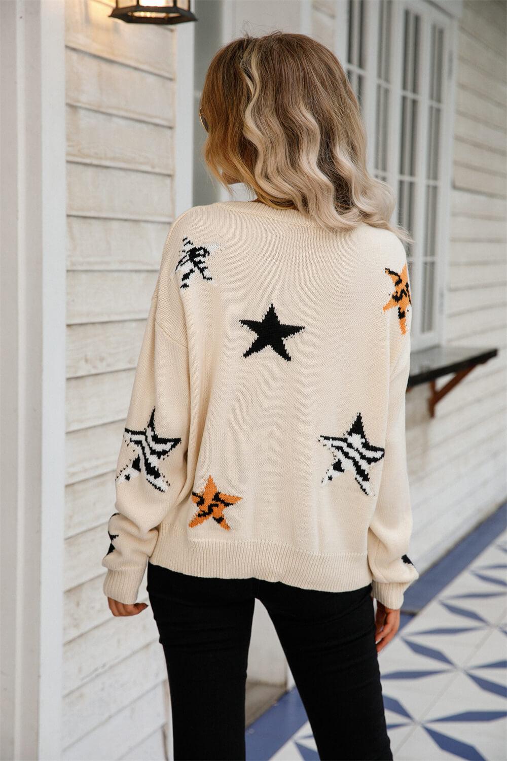 Star Pattern Round Neck Dropped Shoulder Sweater - Sweater