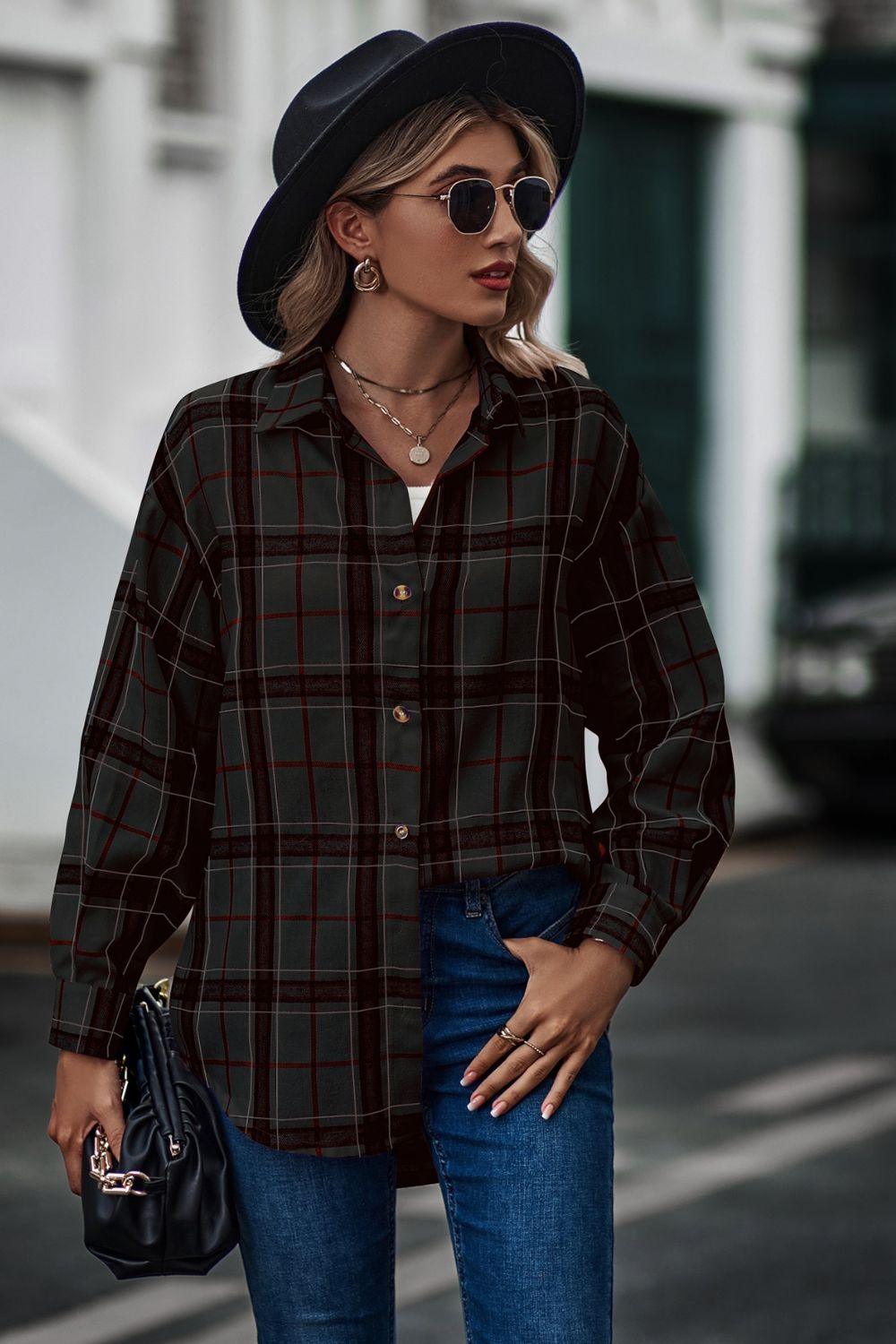 Plaid Collared Long Sleeve Shirt - Shirt