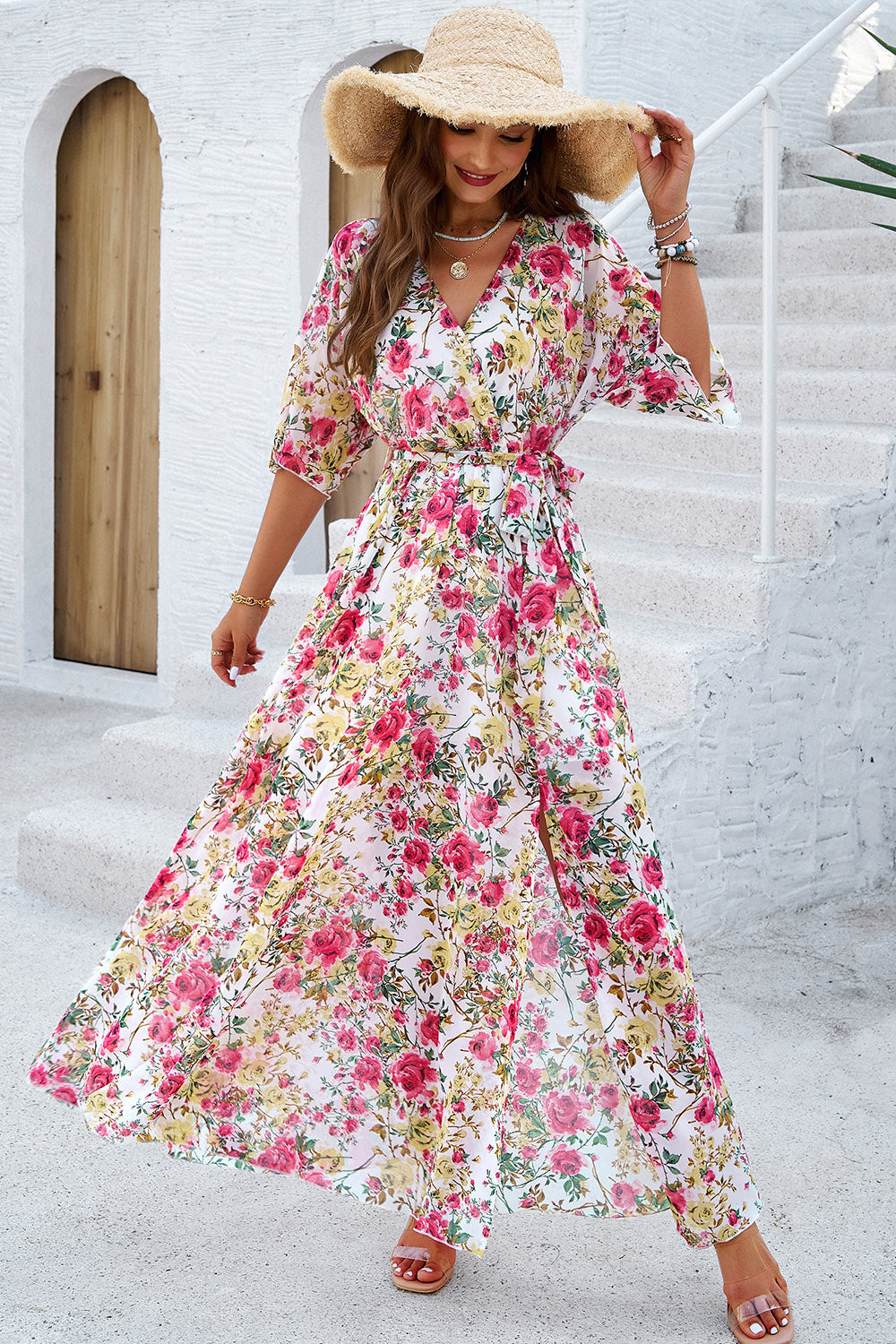 Printed Tied Half Sleeve Slit Maxi Dress